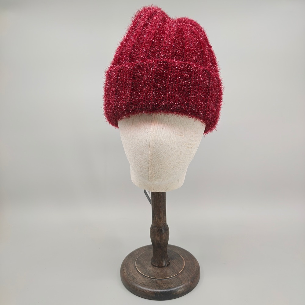 BCBG Wine Red Metallic Eyelash Knit Beanie Hat Sparkle Ribbed OS NWT